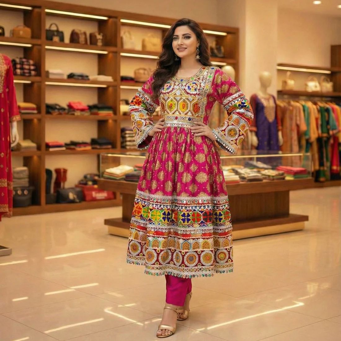 Authentic Afghan Kuchi Dress with Heavy Multicolor Tribal Embroidery