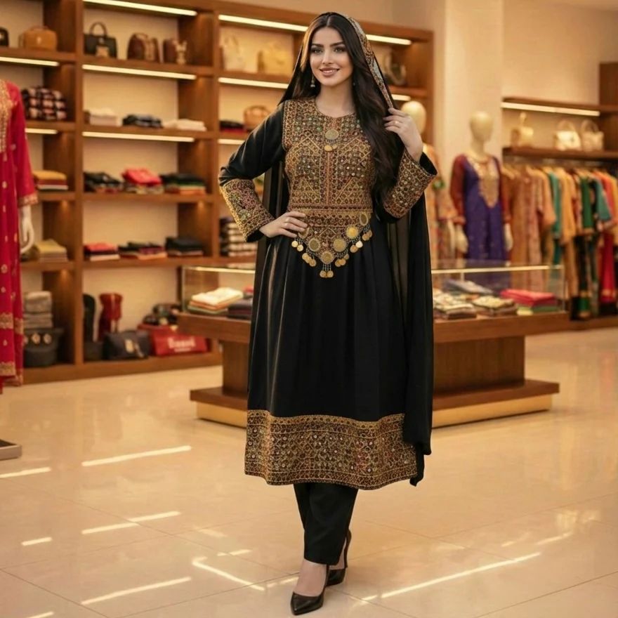 Elegant Afghan Dress with Heavy Zari Embroidery &amp; Coin Trim
