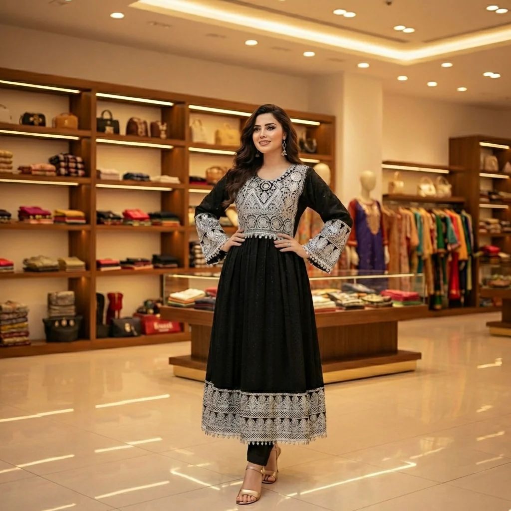 Elegant Afghan Dress with Heavy Zari Embroidery &amp; Coin Trim Hover