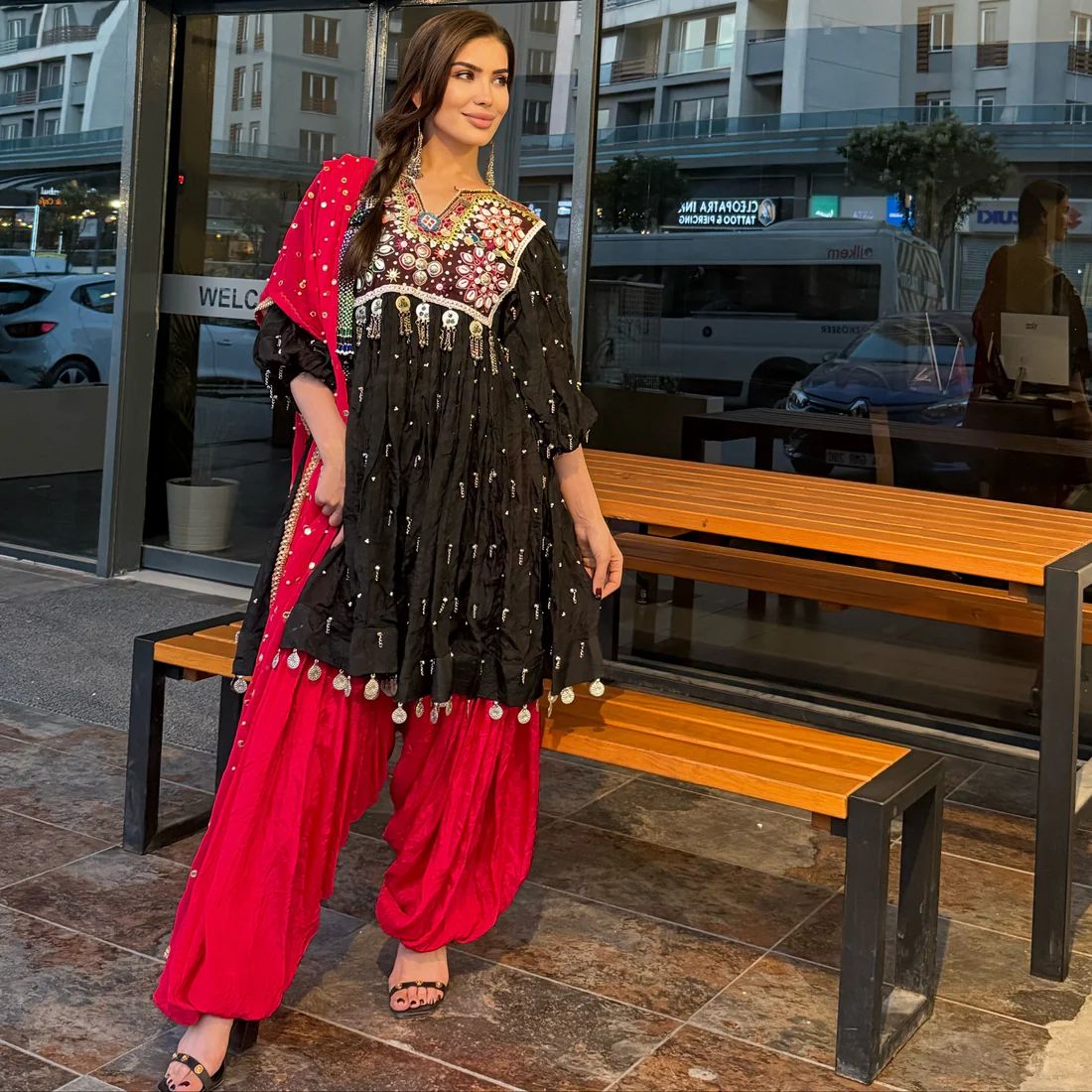 Kabul Nightfall Black Pleated Tunic and Fuchsia Parthan Ensemble
