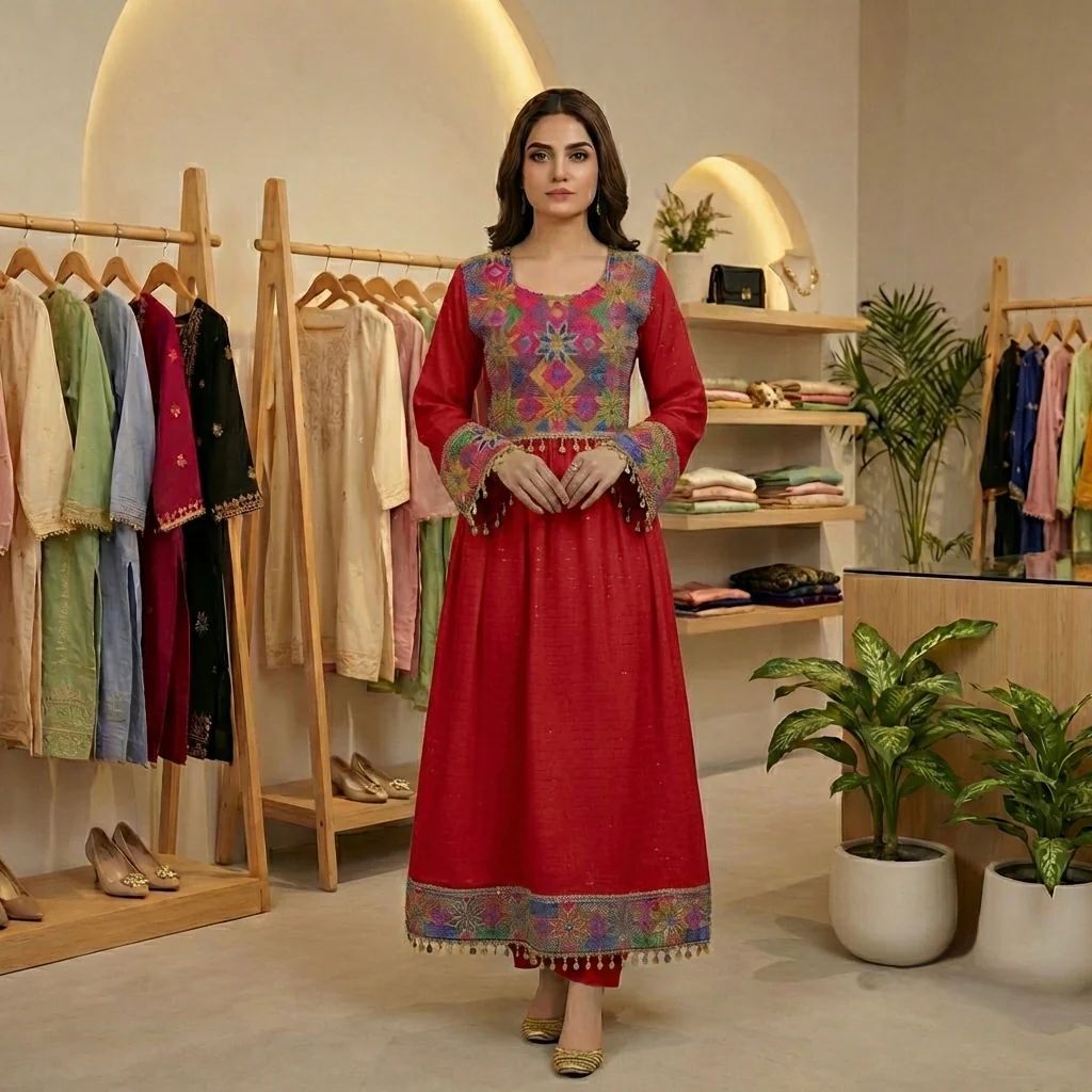 Traditional Afghan Frock with Tribal Embroidery &amp; Tassels